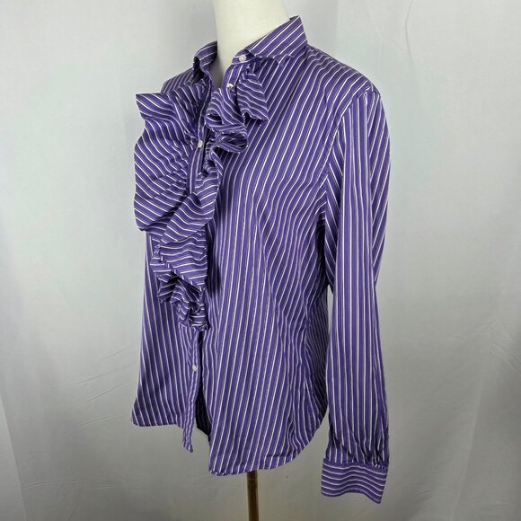 Lauren Ralph Lauren Shirt Large Purple Striped Button-Up Shirt Ruffle Academia - Picture 4 of 10